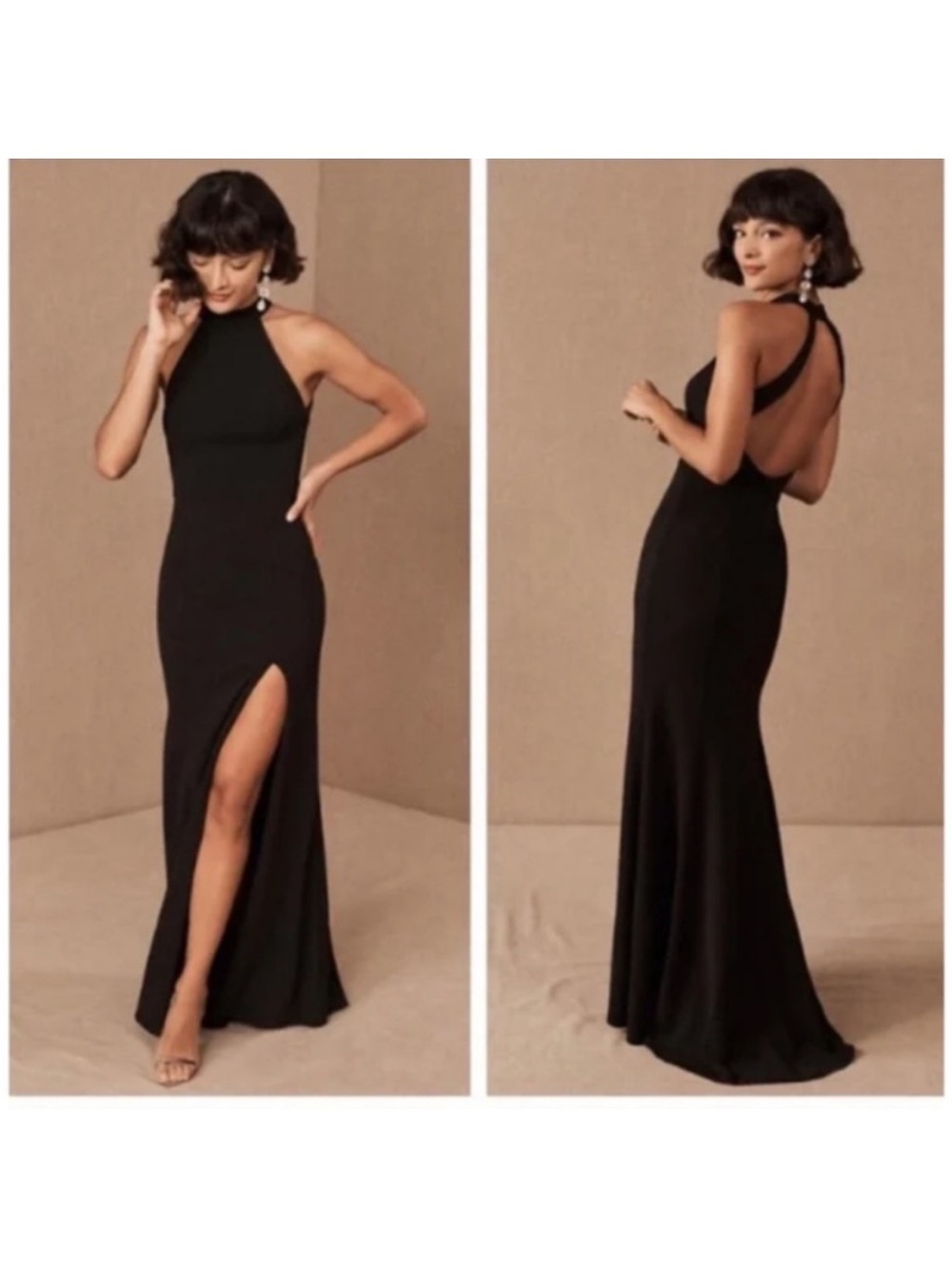 BHLDN Lennox Crepe Maxi Dress Halter Side Slit Open Back in Black Size 16